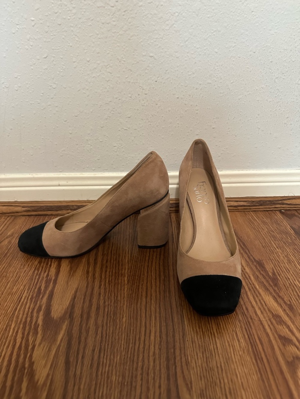 Franco Sarto Tan Suede Block Heel Pumps with Black Toe